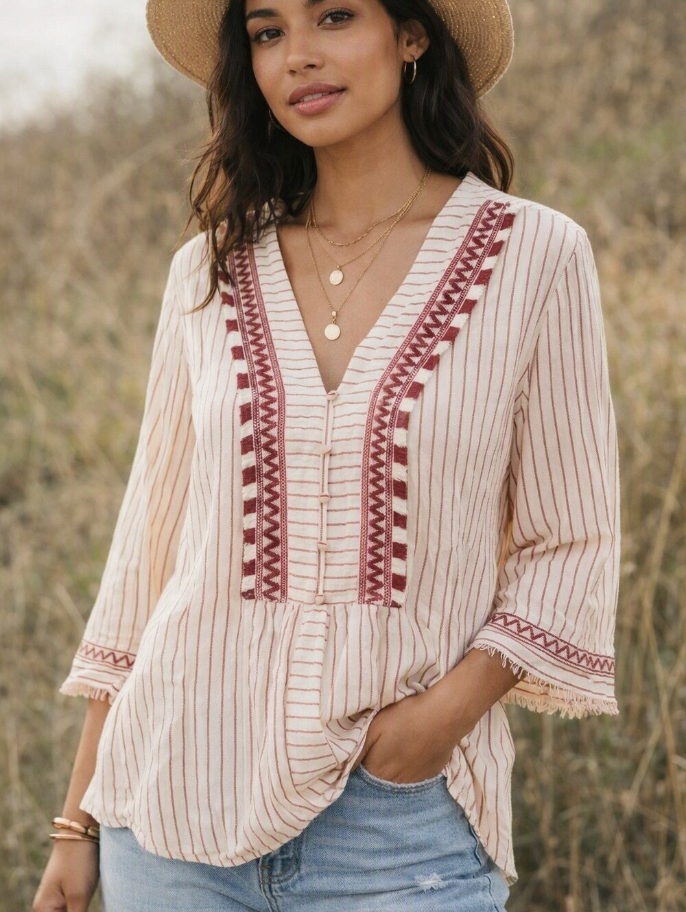 Grand & Greene Boho Peasant  Blouse with Red Embroidered Trim with fringe. XL